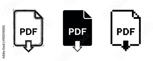 Three icon styles of pdf download symbols: sketch, solid, pixel