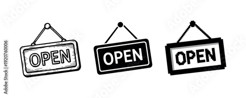 Three variations of hanging open sign in black and white