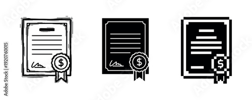 Monochrome certificate icons with award ribbon and dollar symbol