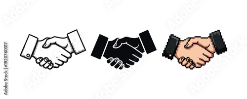 Diverse handshake illustrations: black and white, silhouette, pixel art