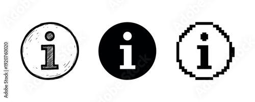 Set of information icons: sketched, solid, pixel art styles