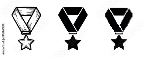 Monochrome medal designs featuring stars in sketch, solid, and pixel art styles