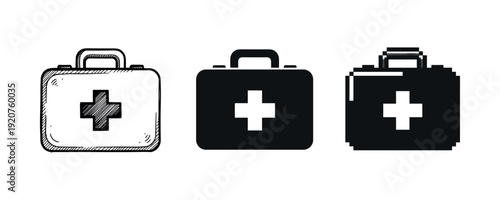 Three first aid kit icons in different styles on white background