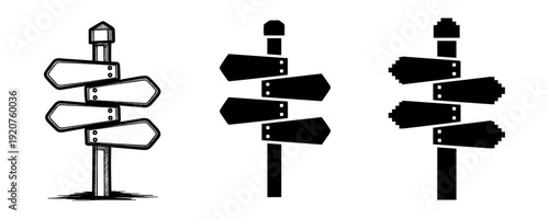 Set of three diverse directional signs in black and white styles