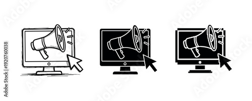 Megaphone advertising icon displayed on computer screens in black and white variations