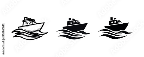 Monochrome boat designs: woodcut, silhouette, pixel artistic styles