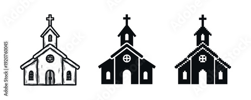 Set of three church icons in varying styles: hand-drawn, silhouette, pixel art