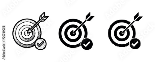 Vector sketch and pixel art target icons with arrow and checkmark