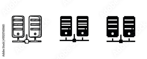 Computer server icons in sketch, filled, and glyph styles