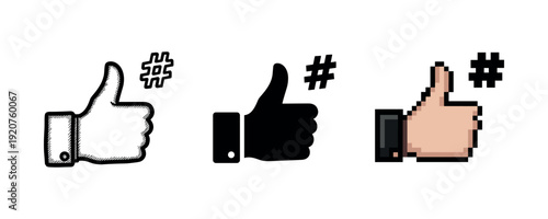 Three styles of thumbs up hands with hashtag symbols in black and white, silhouette, and pixel art