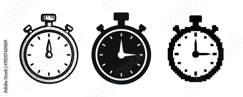 Three stopwatch styles: sketch, solid, and pixel art designs