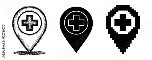 Medical location icons: sketch, solid, pixel art design variations
