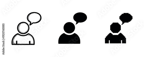 Three icon variations of person with speech bubble