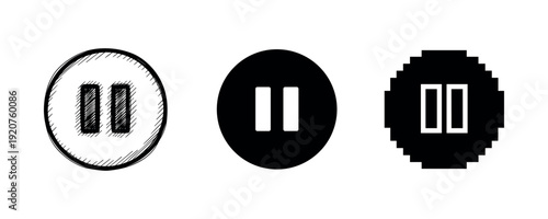 Three distinct pause icon designs in sketched, solid, and pixel styles