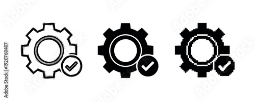 Set of gear icons: sketched, solid, and pixelated design variations with checkmarks