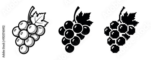 Grapes illustrations: vintage, solid, and pixel art styles on white background