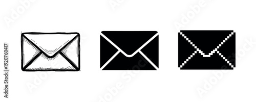 Evolution of email icons: sketch, modern, pixel art designs in black and white