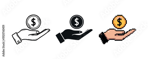 Three stylized hands holding dollar coins: line art, silhouette, and pixel art