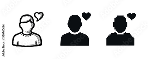 Three stylized male avatars with heart icons: sketch, silhouette, pixel art