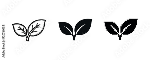 Three leaf icon styles: sketch, solid, pixelated