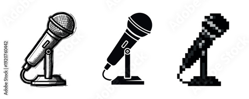 Three styles of microphone: vintage, modern, pixelated