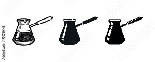 Three cezve icons: engraved, silhouette, pixel art of coffee brewing pots