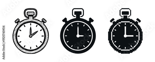 Set of three stylized stopwatch icons in diverse artistic styles