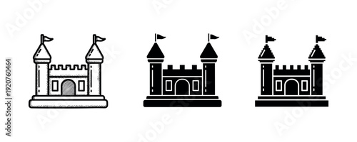 Castle icon set: three black and white medieval fortress designs