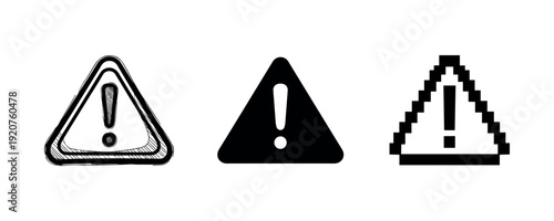 Set of three exclamation mark warning icons in different styles on white background
