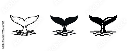 Whale tail variations: vintage, modern, pixel art designs