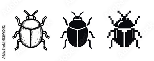 Three styles of beetle icons: sketch, solid, pixel art
