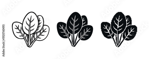 Stylized spinach leaf icons: outline, silhouette, and pixel art variations
