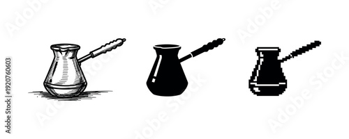 Set of three coffee pots: sketch, silhouette, pixel art