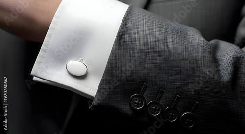 Close up of a man's suit cuff with white shirt and silver oval cufflinks formal