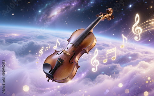 Wallpaper Mural Magical violin floating in purple clouds with glowing music notes.
 Torontodigital.ca