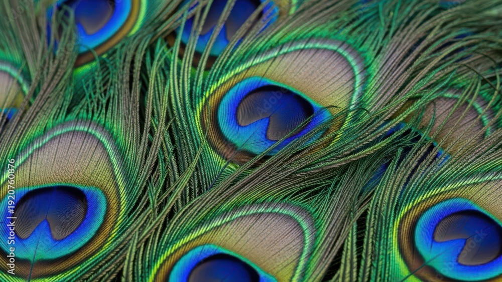 Fototapeta premium Vibrant peacock feathers with iridescent eyespots