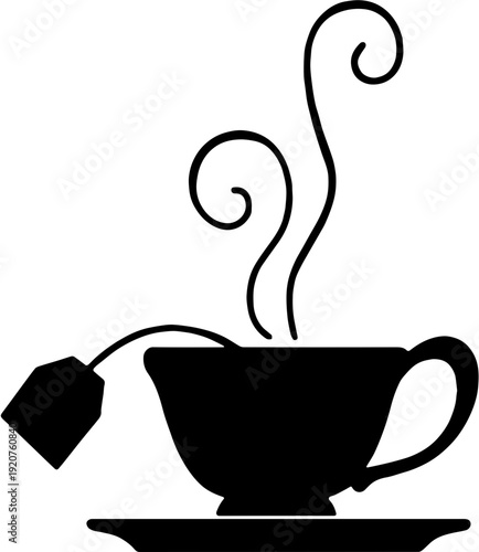Hot coffee cup icon with steam and saucer silhouette isolated on white
