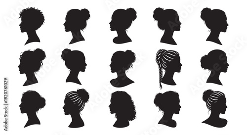 Set of Female Silhouette Profiles With Diverse Hairstyles and Elegant Side View Portraits