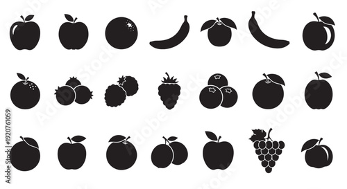 Fruit Icon Silhouettes Set — Black Flat Fruit Icons and Vector Shapes for Design