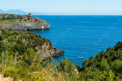 Amazing mediterranean seascape near Marina di Camerota during a sunny summer day. Cilento, Campania, Italy.