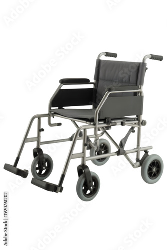 Black wheelchair with metal frame isolated on transparent background.