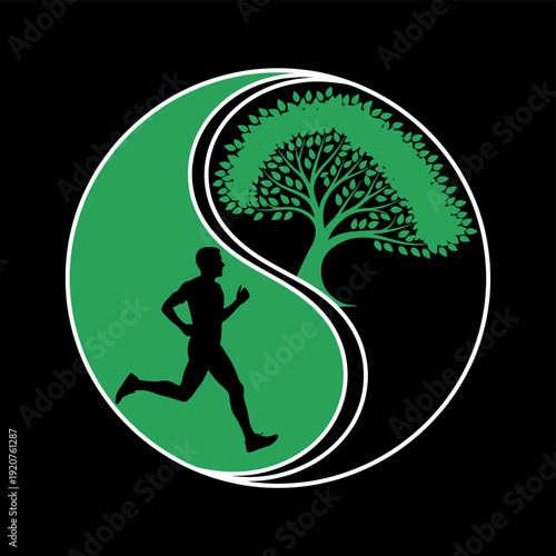 A green and black yin yang symbol with a runner and tree