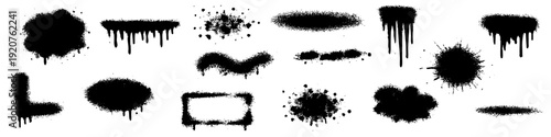 Set of black graffiti spray paint splatters and dripping ink stains isolated on white background.