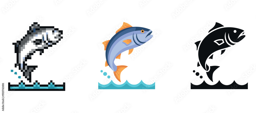 Fototapeta premium Diverse fish illustrations: pixelated graphic, vector design, silhouette icon