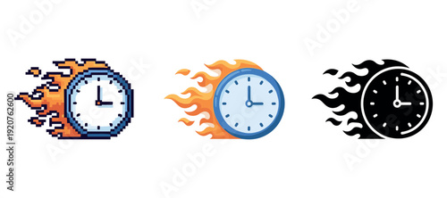 Pixelated, flaming, and silhouette clocks representing time concepts