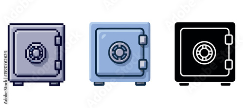 Pixel art and vector styles of secure steel safes with combination locks