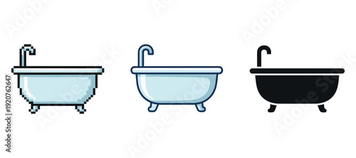 Pixel, outline, silhouette bathtub icons on white background