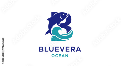 Bluevera Ocean Logo with Fish and Wave Design Elements.