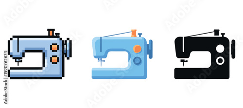 Three sewing machines: pixel art, modern flat, silhouette design on white background