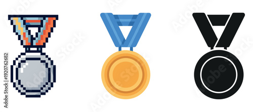 Pixel, gold, and silhouette medals on display